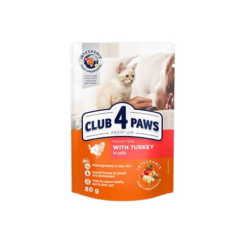 CLUB 4 PAWS Teljes értékű, szaftos állateledel kölyök macskáknak, pulyka zselében